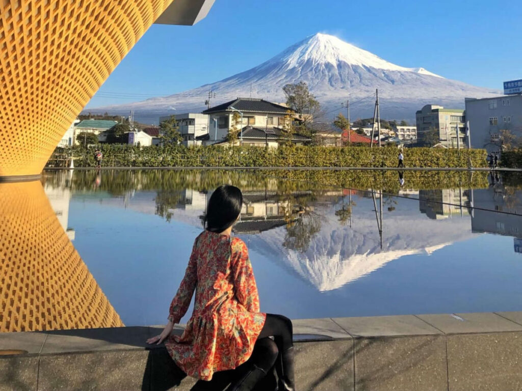Author Lia admiring Mt. Fuji at Mt Fuji World Heritage Centre
