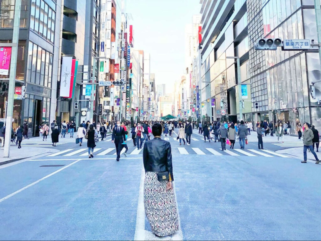 Author Lia walking on the streets of Ginza