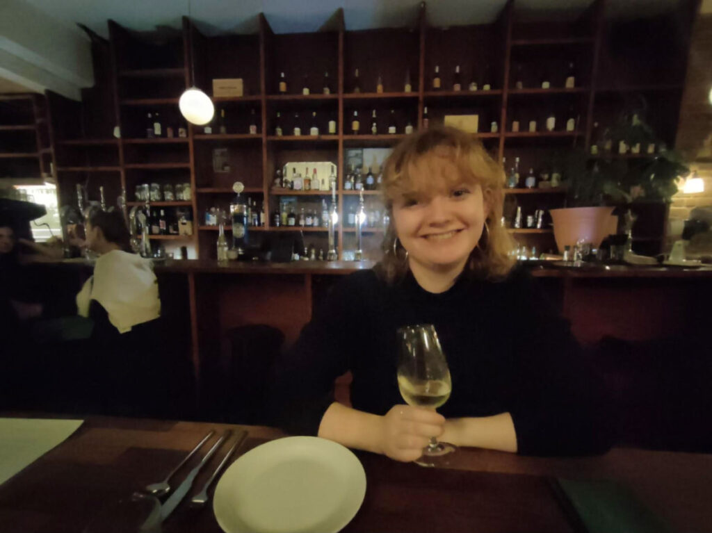 Travel Lemming Author Louise enjoying a glass of Sylvan’s natural white wines