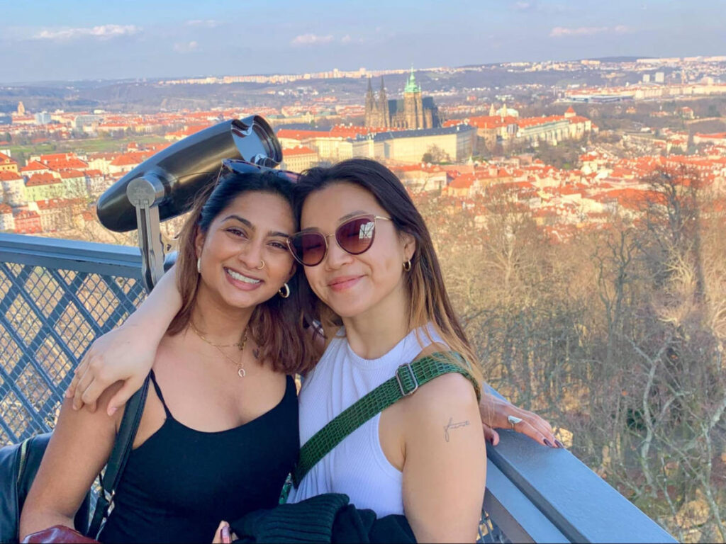 Author Meera and her friend at Petřín Hill and Tower