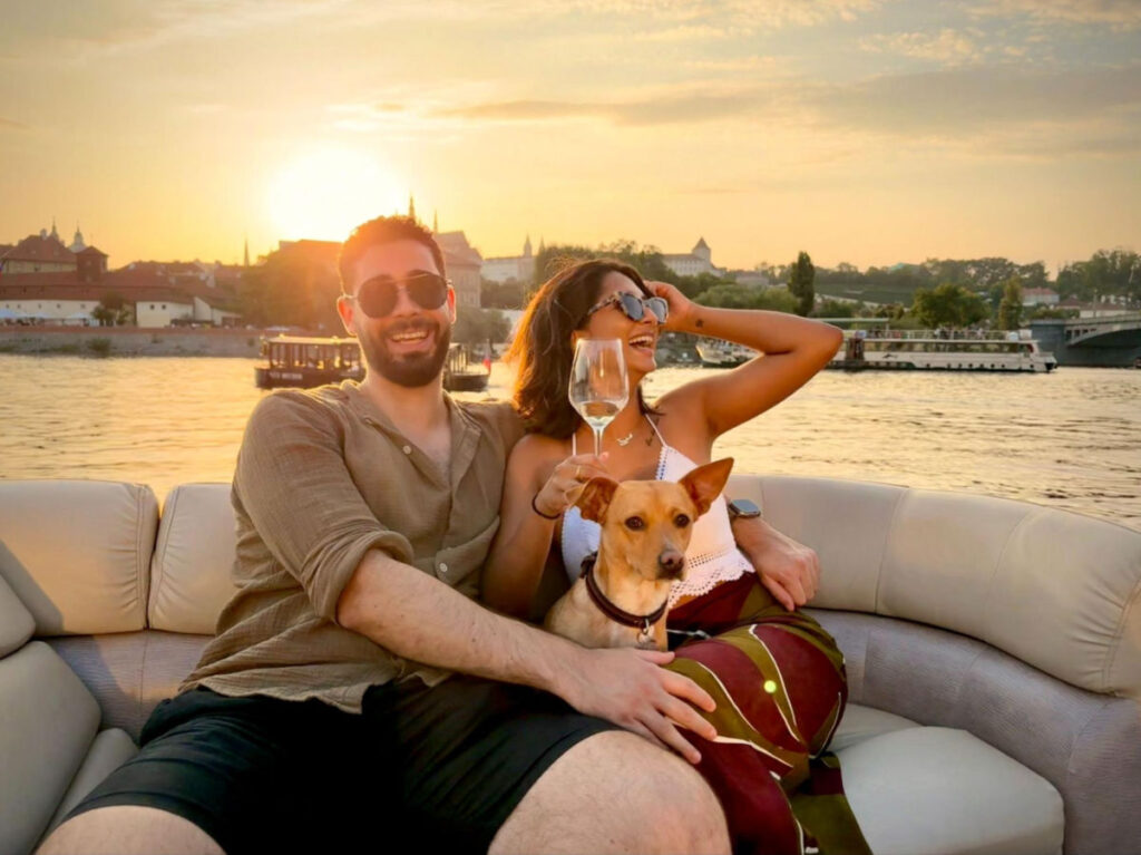 Author Meera and her partner cruising and wine tasting at The Wine Boat