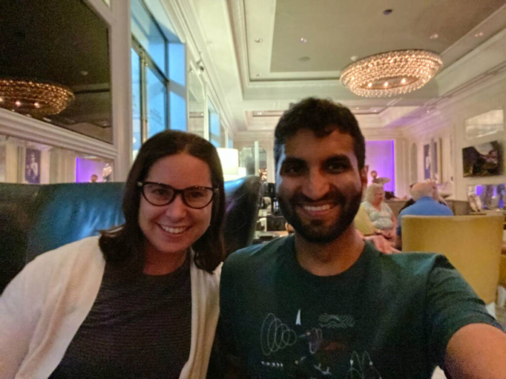 Author Meg and her friend sitting in the lounge of the Carousel Bar at the Hotel Monteleone