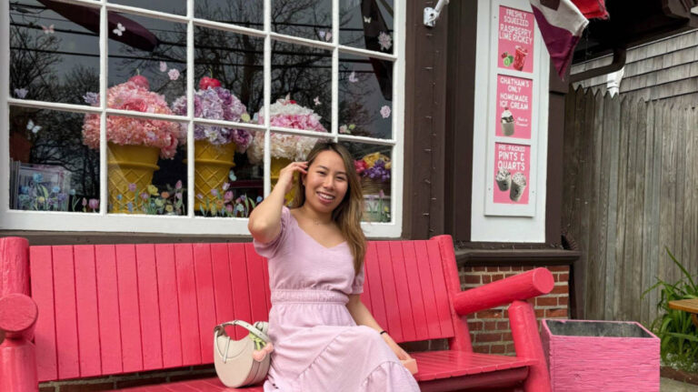 Author Samantha sitting outside Buffy’s Ice cream shop