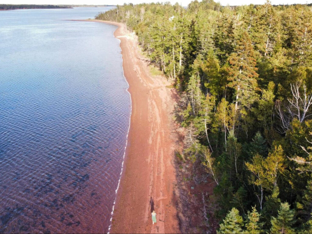Drone shot view of Taylor  walking along the shores of Kings Castle Provincial Park