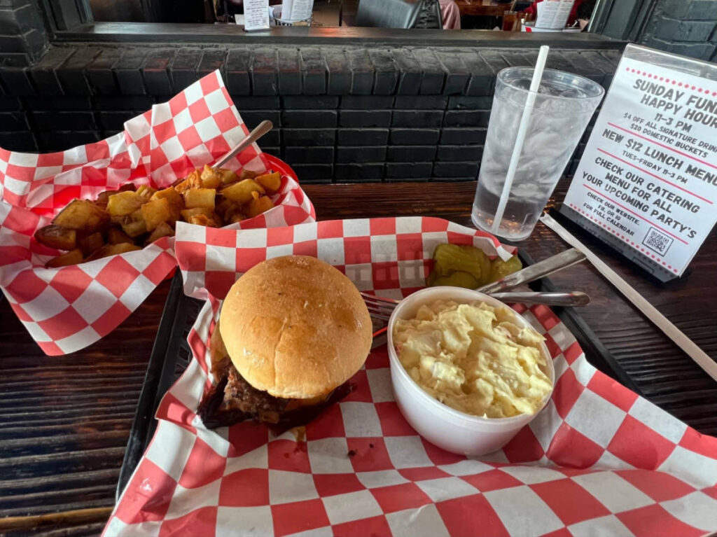 A tray with BBQ sandwich meal at BB’s Lawnside Blues & BBQ