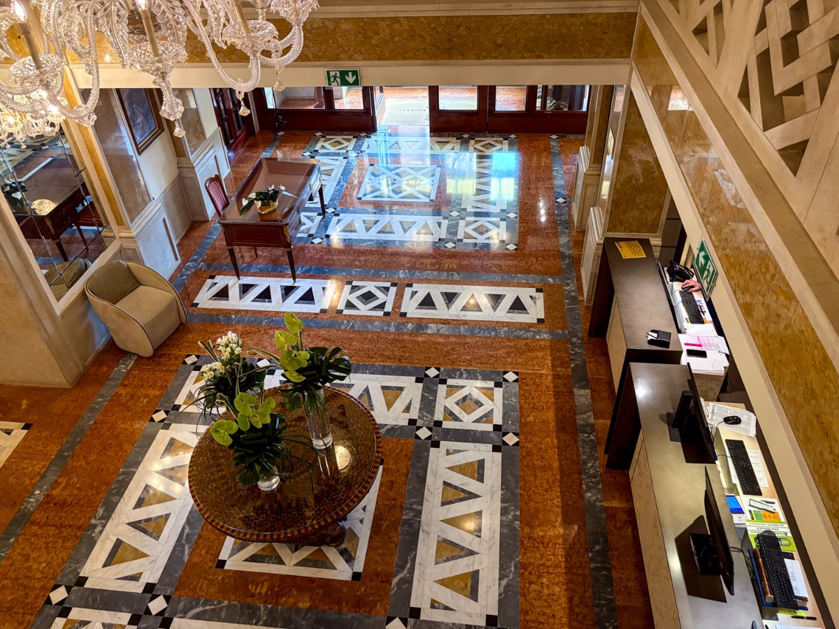 View of the check-in counter and lobby seen from the second floor