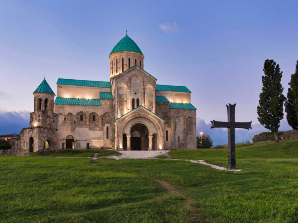 Exterior view of the Bagrati Cathedral at dusk