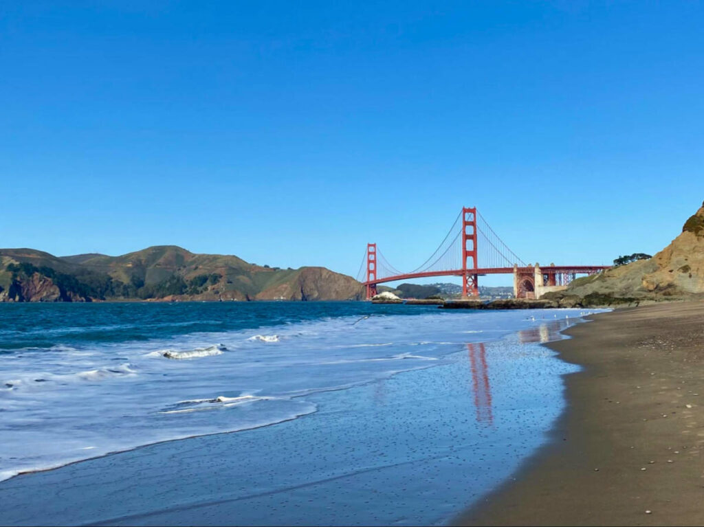 Panoramic view of the Golden Gate Bridge and Marin Headlands from Baker Beach
