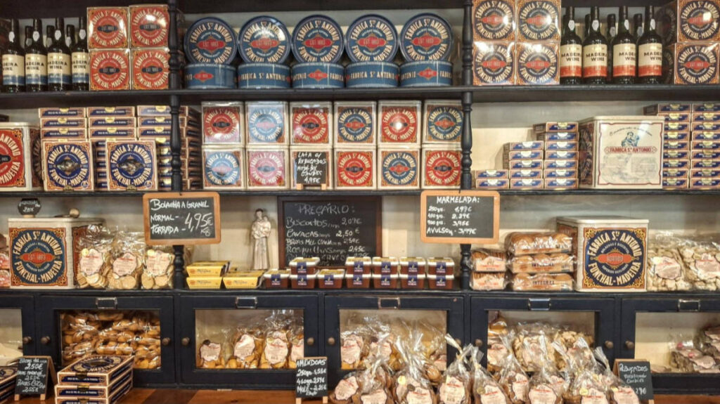 View of the displays and other pastries at a bakery in Funchal