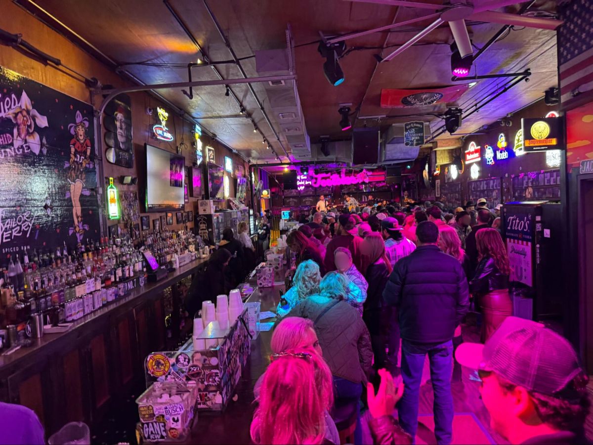 Crowd of people enjoying some drinks at a bar in Broadway