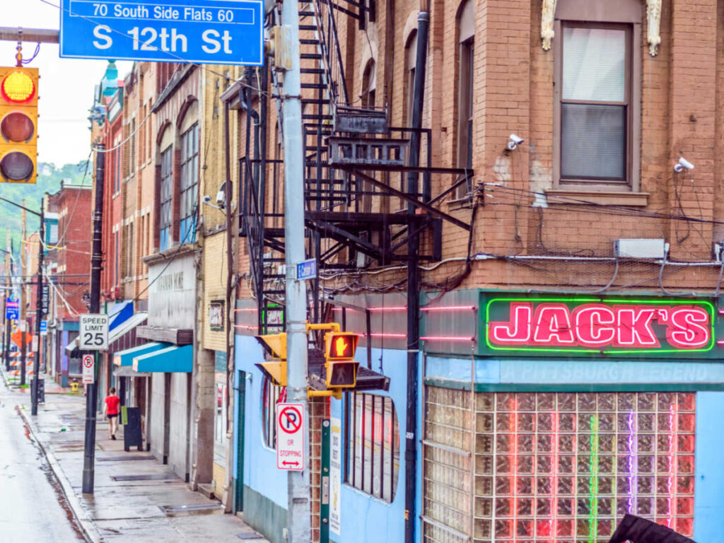 View of the bars along the corner street in South Side of Pittsburgh