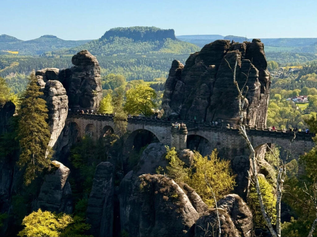 View of Bastei Bridge from Ferdinandstein viewpoint