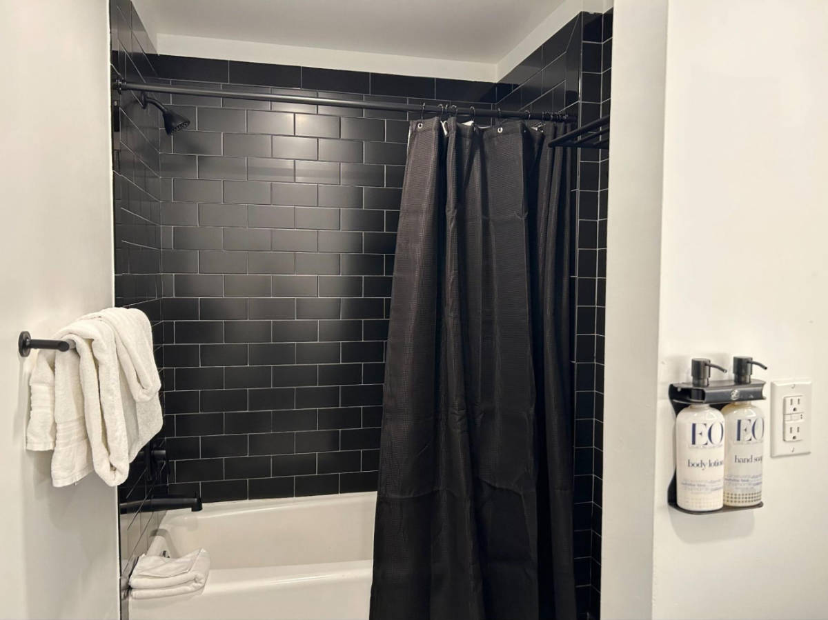 View of the spacious bathroom in Gravity Haus