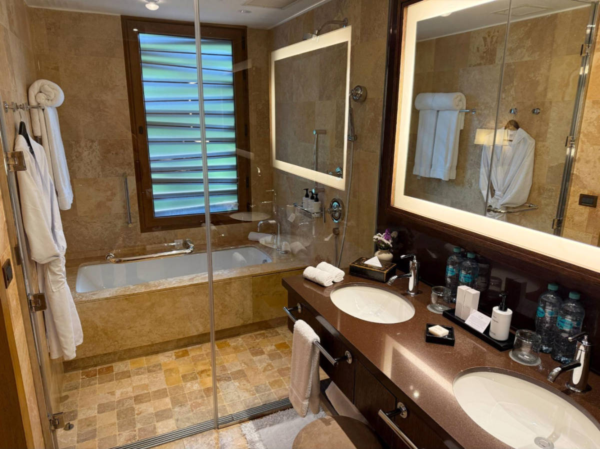 Our bathroom included a separate shower and bath, double vanity, and a toilet and bidet (behind a separate door)