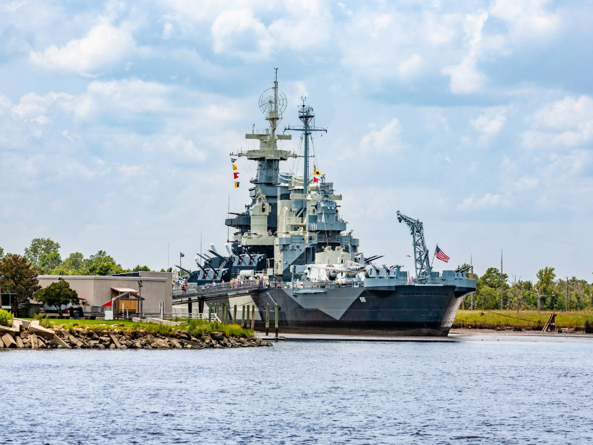 View of the Battleship North Carolina from the outside across the water