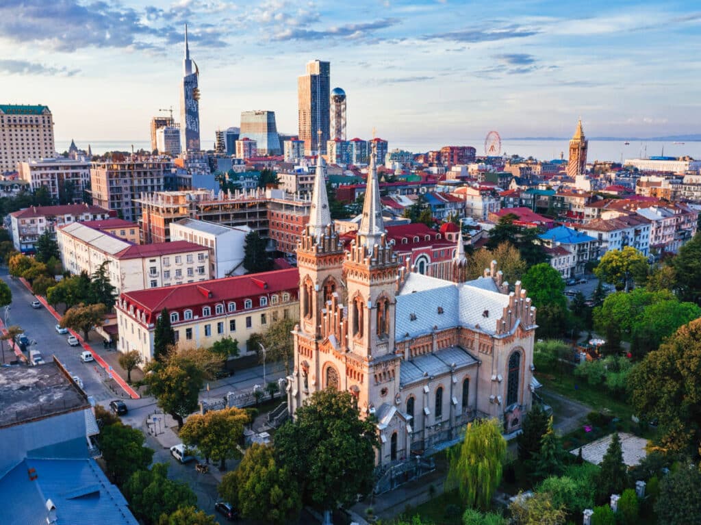Aerial view of the Batumi Cathedral and the cityscape of Batumi