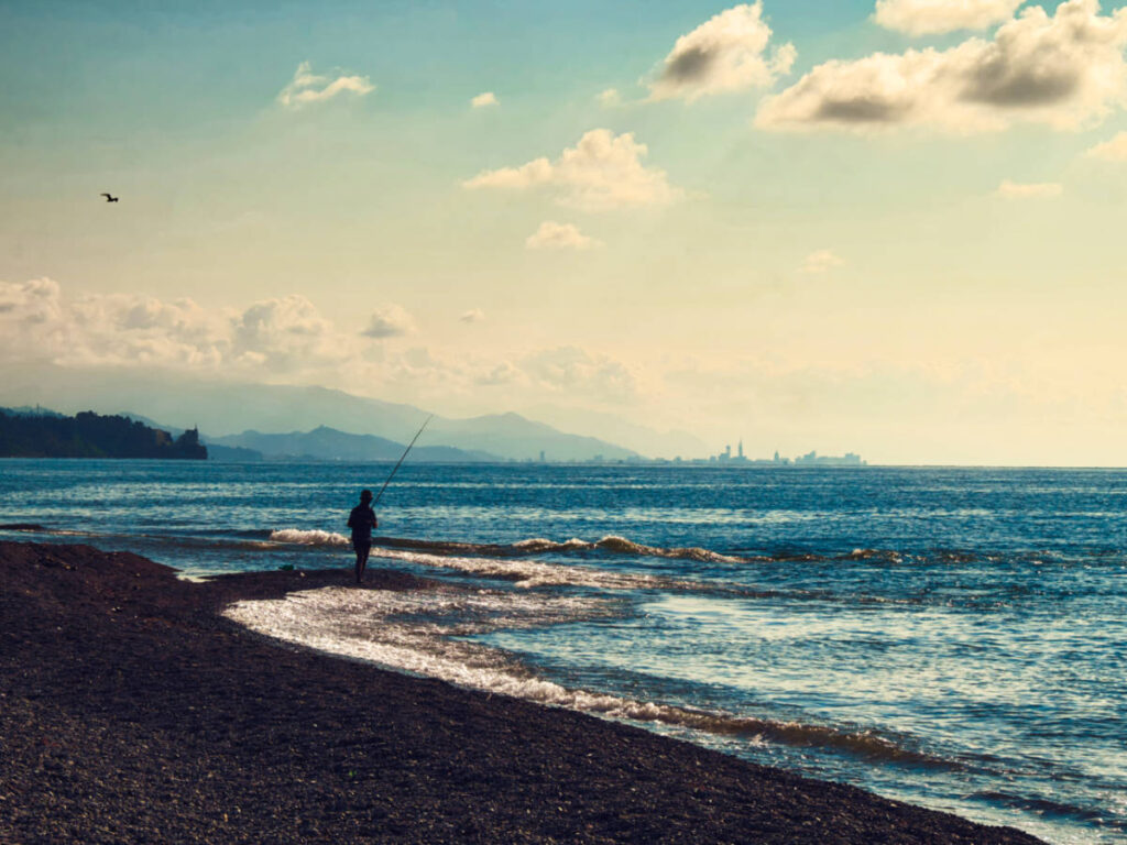 A man fishing on the shoreline with a city skyline view of Batumi from a distance