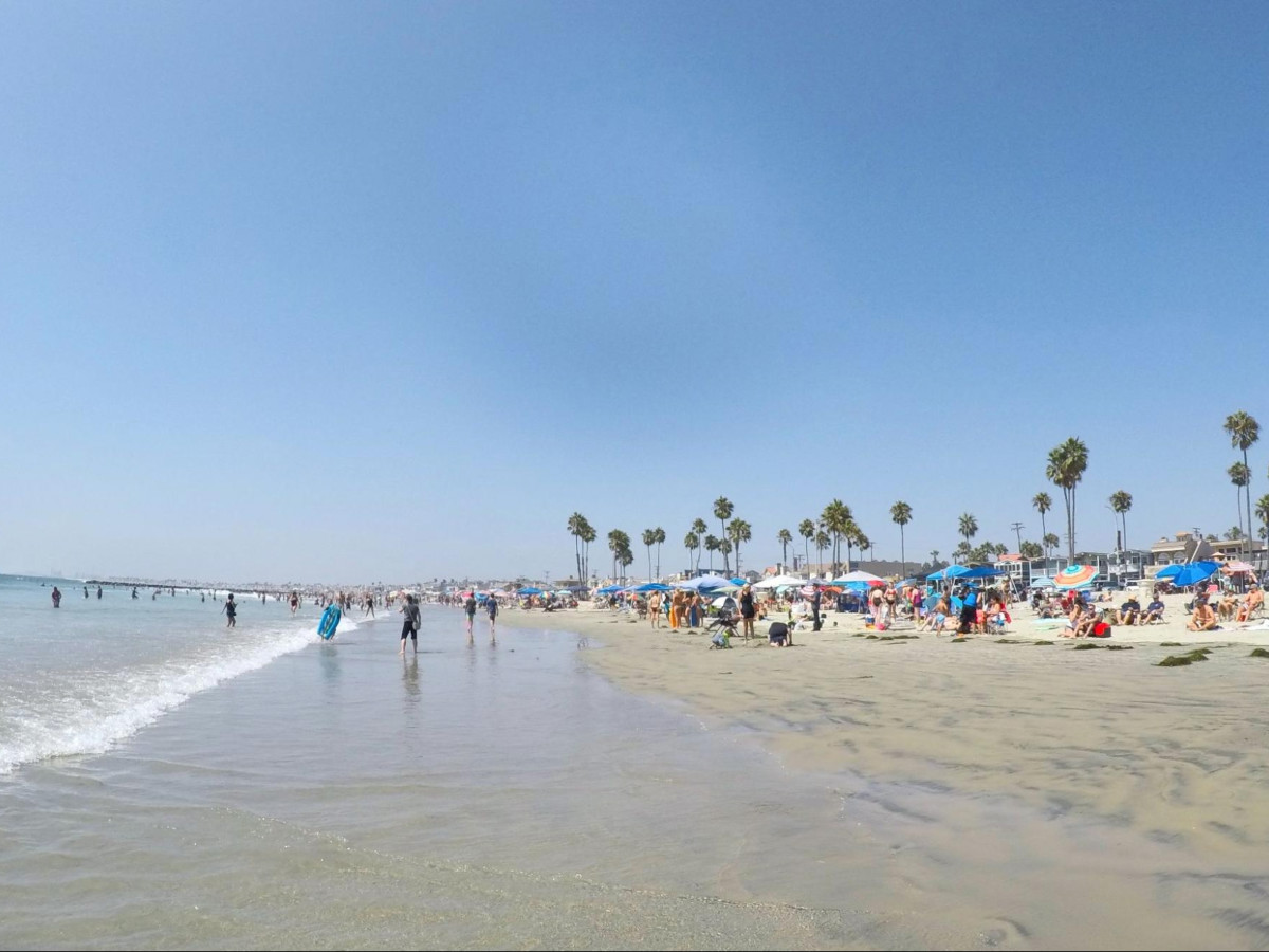 View of the crowded beach in Newport Beach