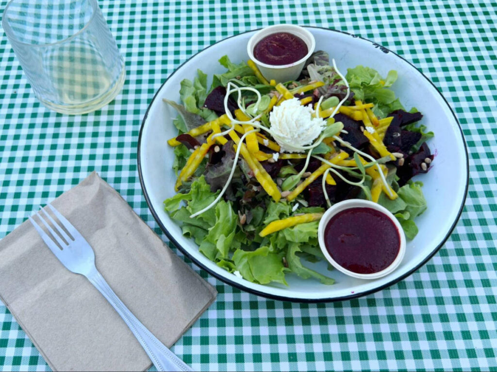 A plate of beet salad at James Ranch