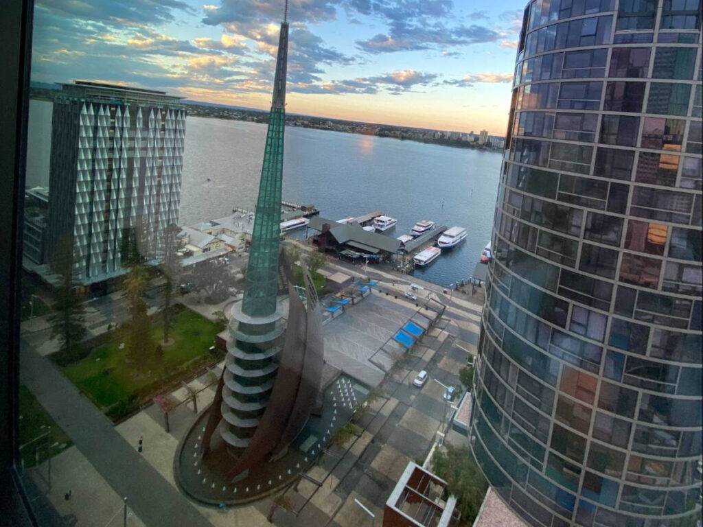 Overlooking view of the Bell Tower and skyscrapers at Elizabeth Quay