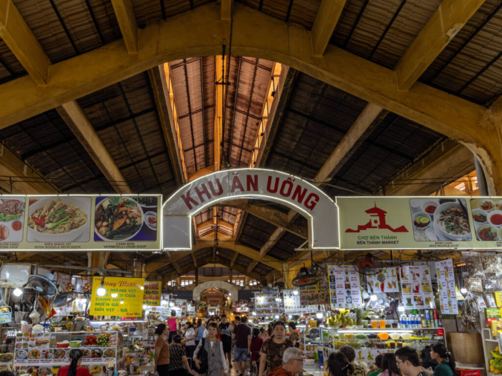 View of the crowd and the stalls inside the Ben Thanh Market in Ho Chi Minh City