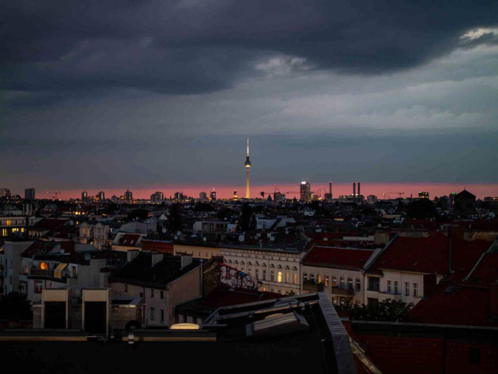 View of the tower and the skyline in Berlin illuminated at night