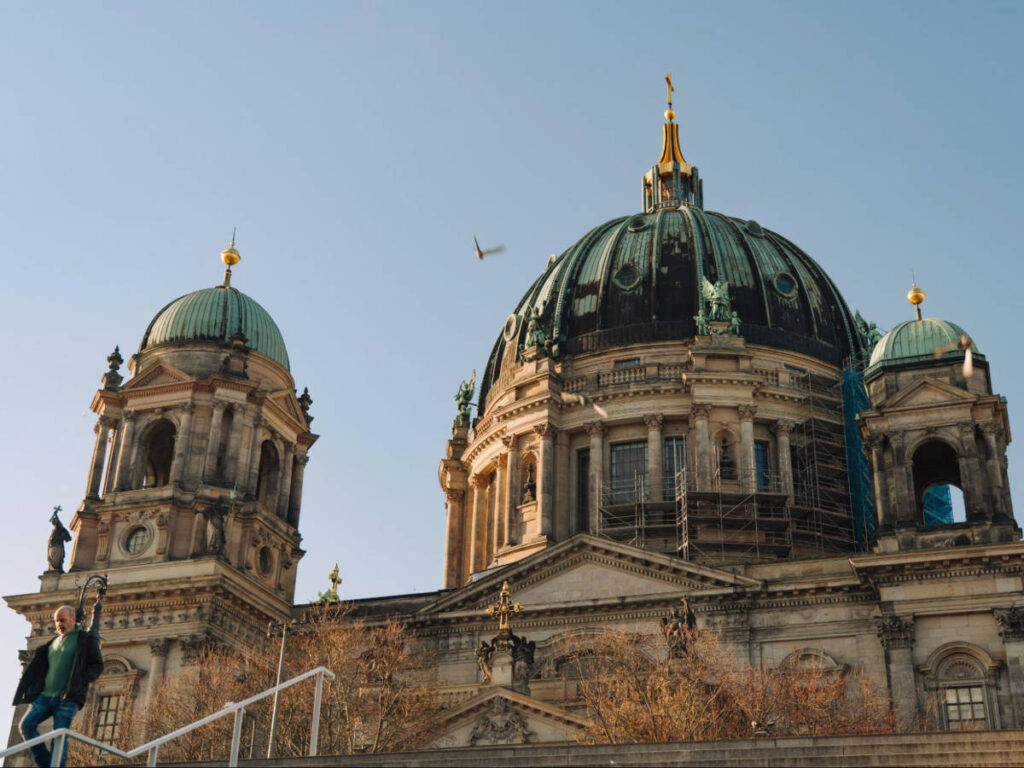 Perspective view of the Berliner Dom at sunset