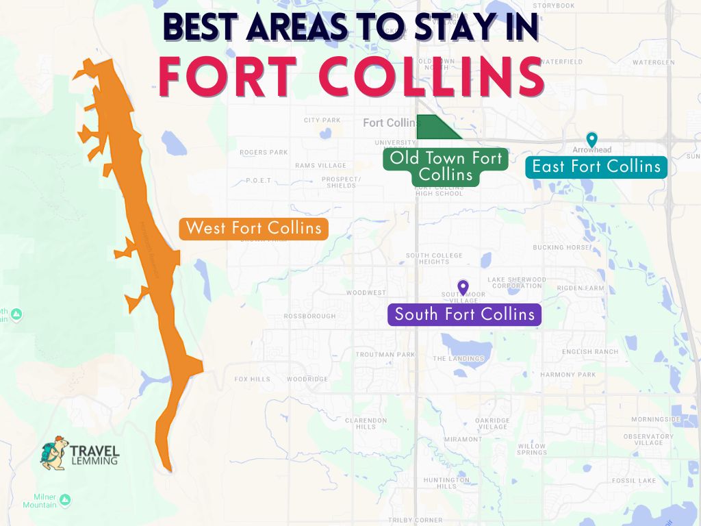 A graphic map that shows the best areas to stay in Fort Collins