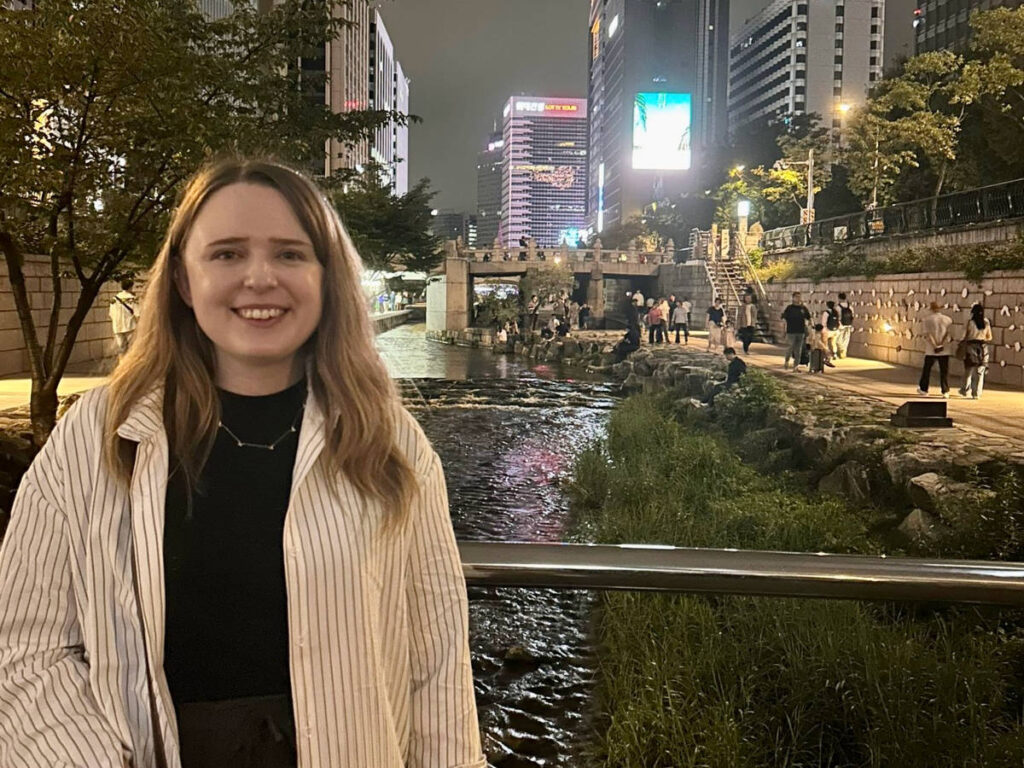 The author Bethan Nutting, enjoying the view at the Cheonggyecheon Stream