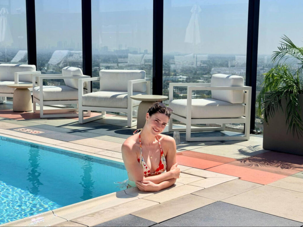 The author Betty Hurd, enjoying the rooftop pool in the Sun Rose on a sunny day
