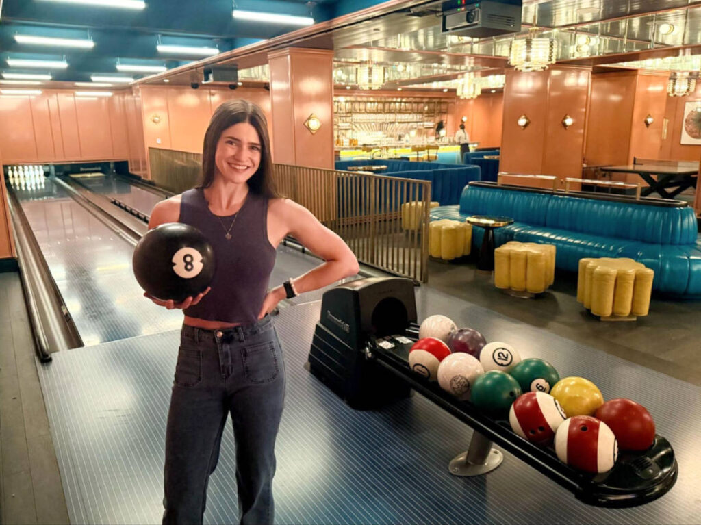 The author Betty Hurd, holding a bowling ball
