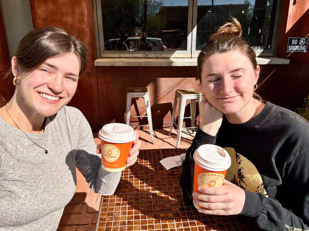The author Betty Hurd and her friend enjoying their cup of coffees at the sunny patio