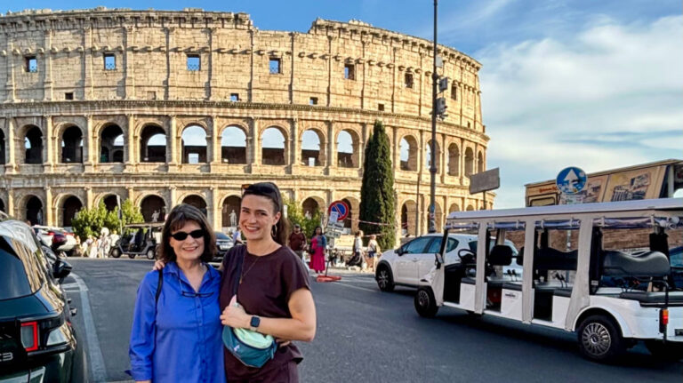 The author Betty Hurd and her mom in front of the Colosseum in Rome