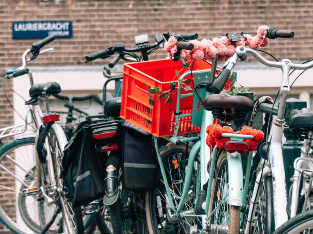 View of the bicycles parked at the street