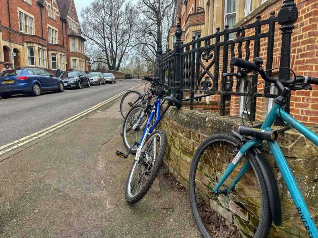 View of the bicycles parked along the quiet streets in Oxford