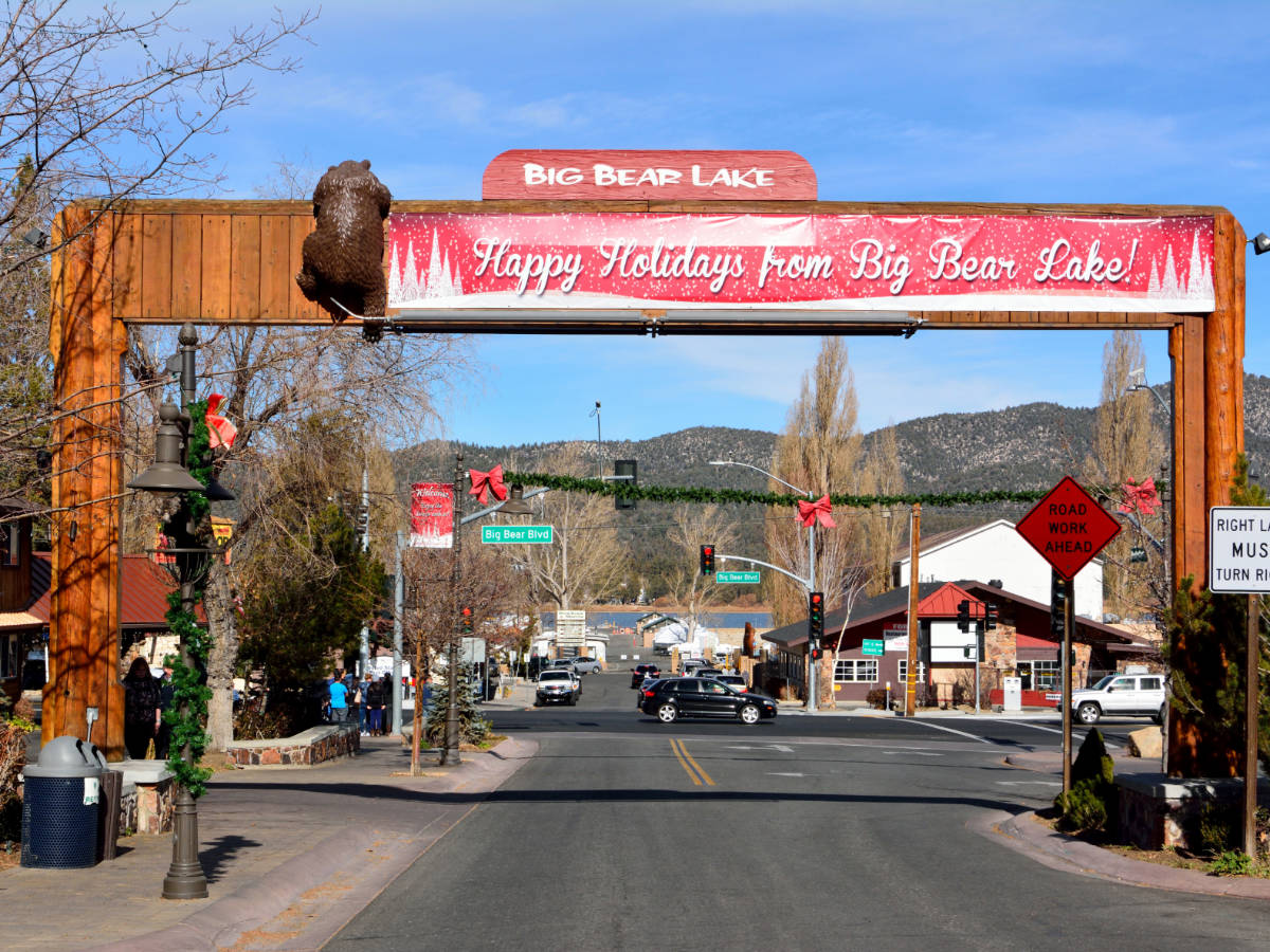 View of the welcome sign during the holidays in Big Bear Village