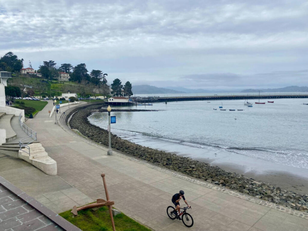 A biker riding around the Aquatic Park