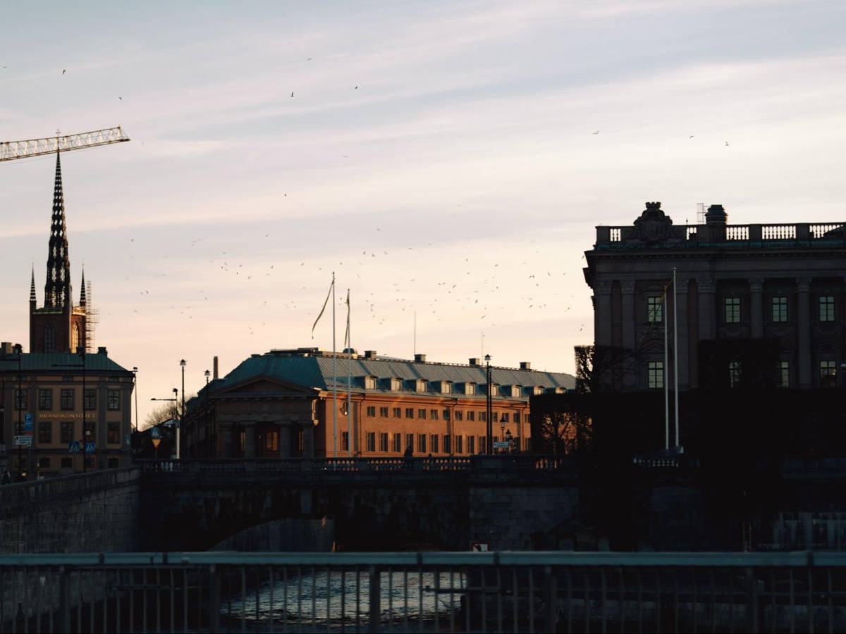 Scenic view of the birds flying over Gamla Stan at sunset