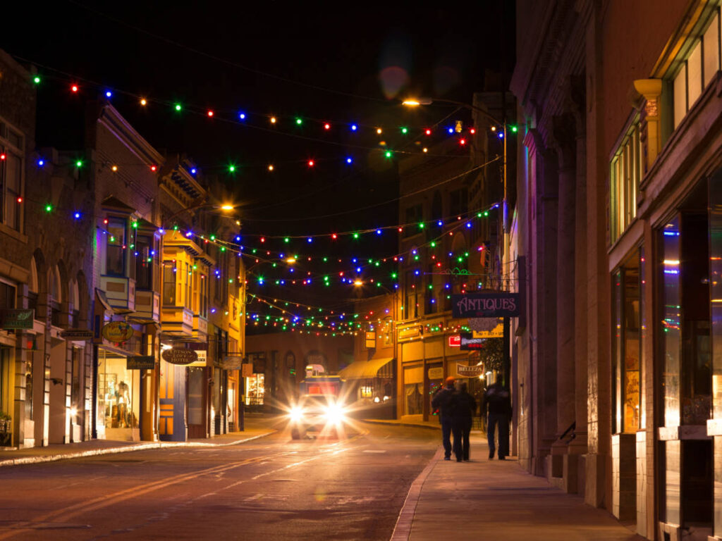 View on a street in Bisbee at night