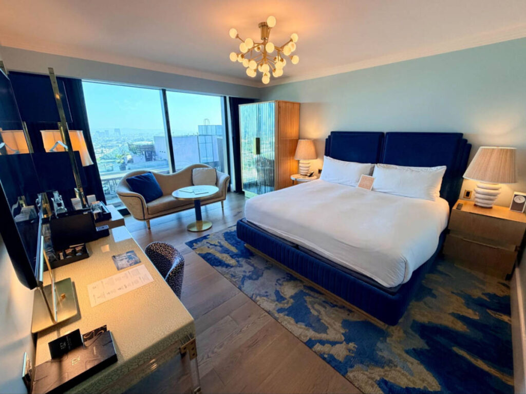 The blue hues of the interior of the Deluxe Skyline King Room
