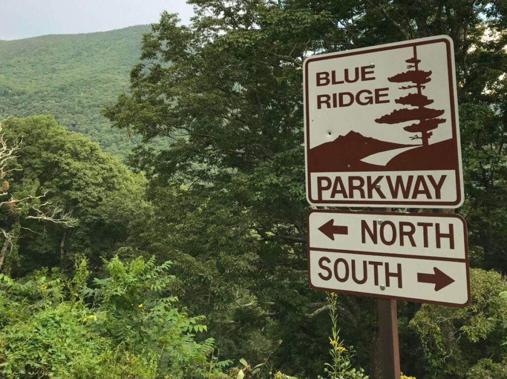 View of the sign for the Blue Ridge Parkway
