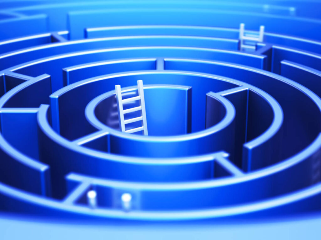 Stairs in a blue metal circle-shaped maze
