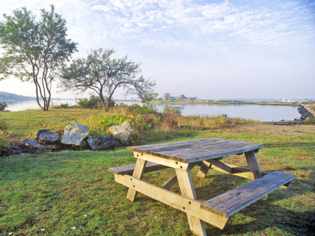 A picnic table overlooking the lake at the Bluff Point State Park