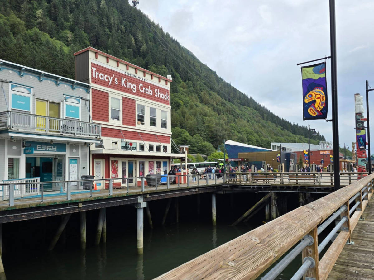 View of the colorful buildings on the boardwalk in downtown Juneau
