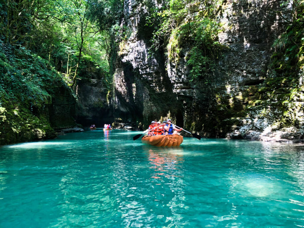 View of the tourists on a boat ride at Martvili Canyon