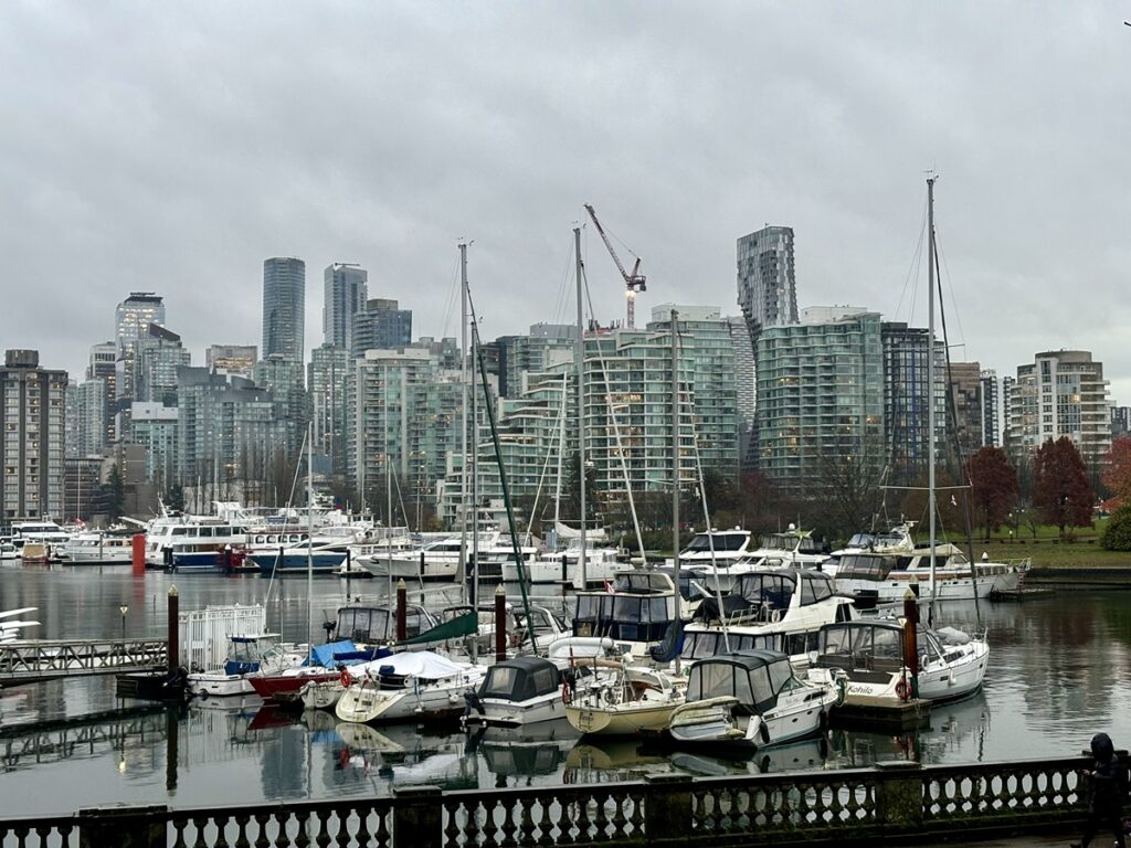 View of the boats docked in Coal Harbour with skyline views in the background