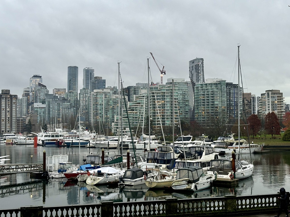 View of the boats docked in Coal Harbour with skyline views in the background