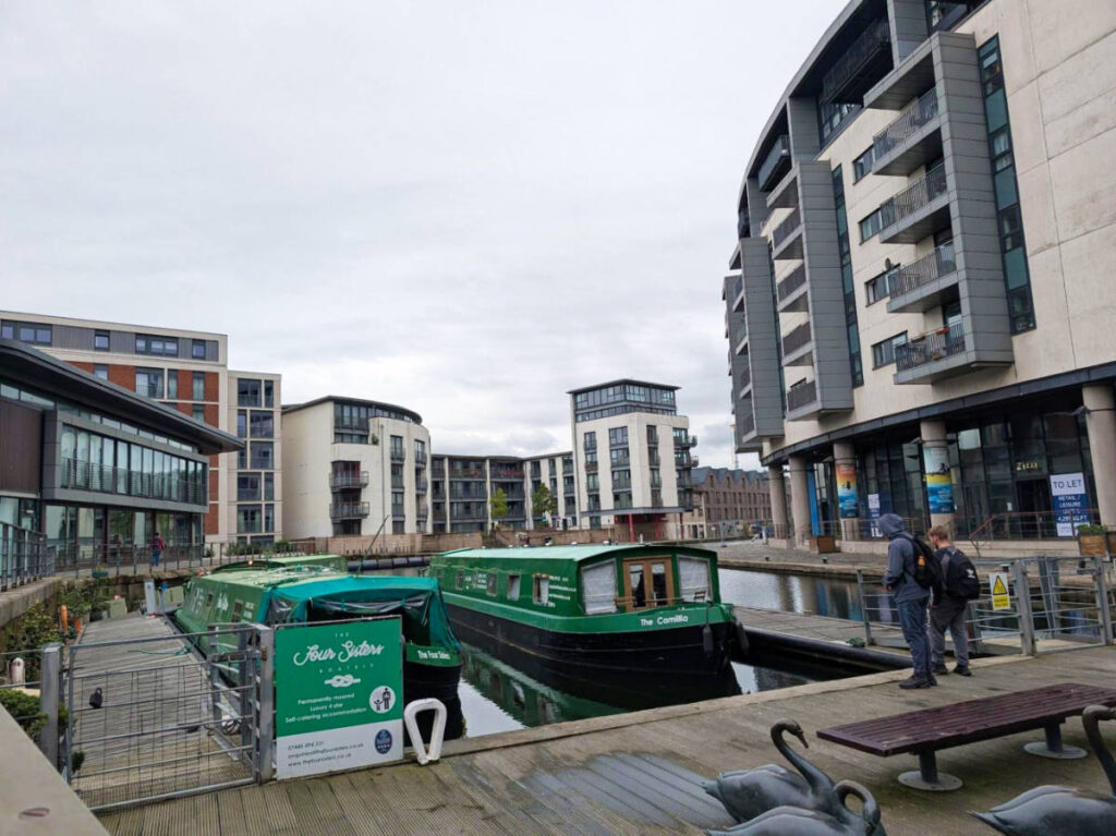 View of the canal boats docked in Lochrin Basin