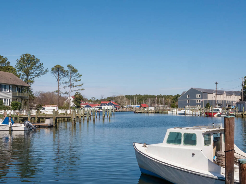 View of the boats on the serene river in St. Michaels Harbor