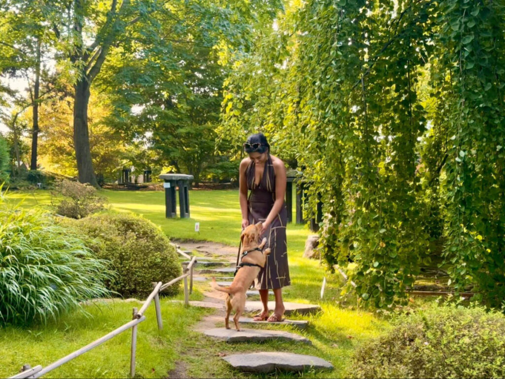 Author Meera and her dog playing at Botanical Garden of the City Prague